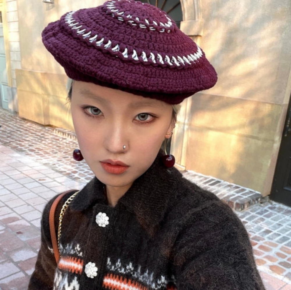 Ganni cotton crochet & chain beret O/S
